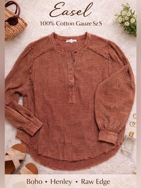 Easel Acid Wash Cotton Gauze Top Sz S Rust Boho Luxe Henley Blouse